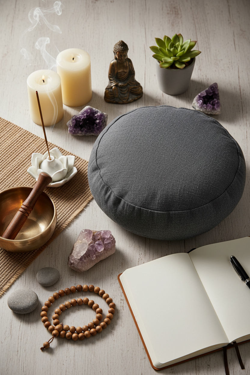 portrait sized image looking down on table with meditation related items 